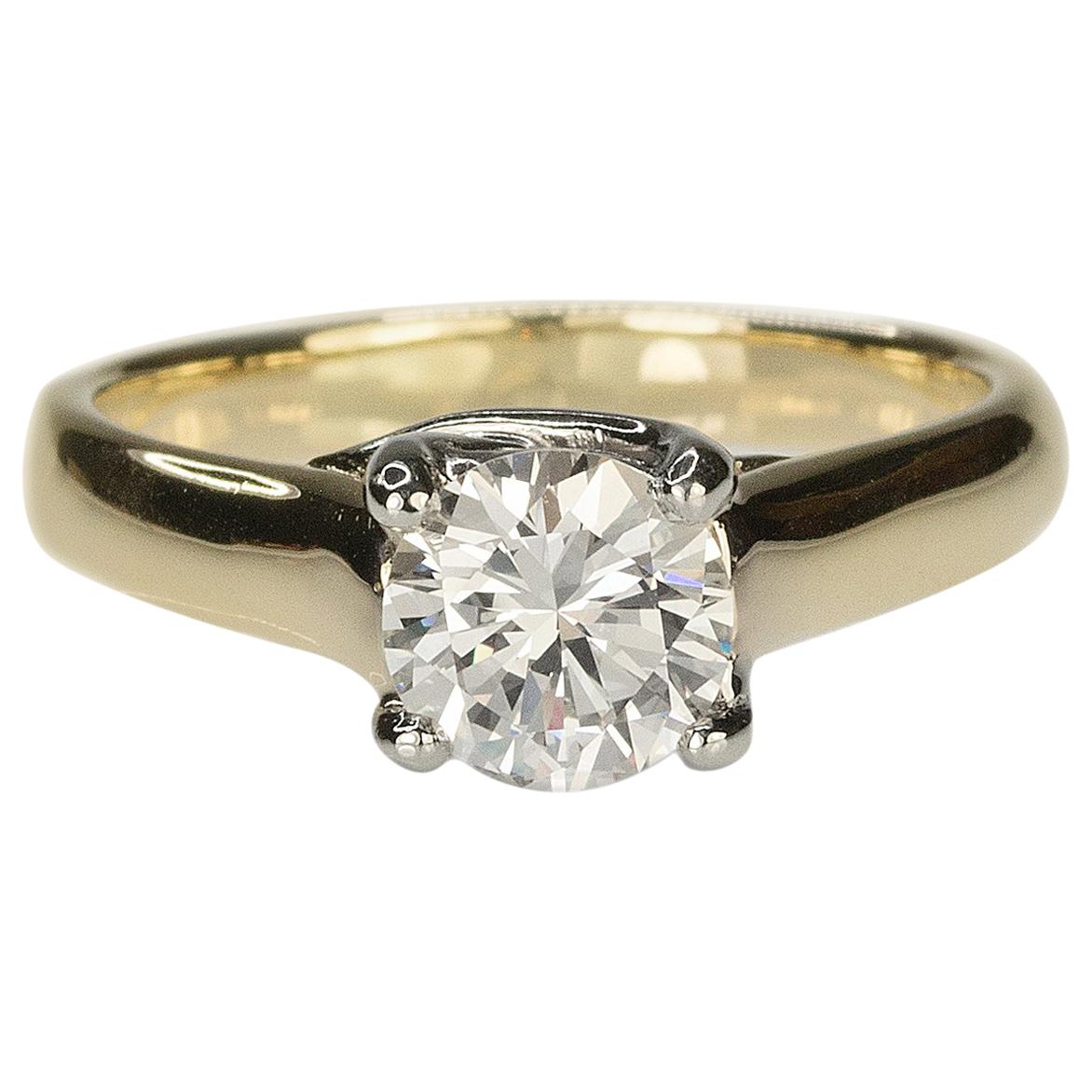 18k Yellow and White Gold Ring with Round Diamond Weighing 1.07 Carat ...