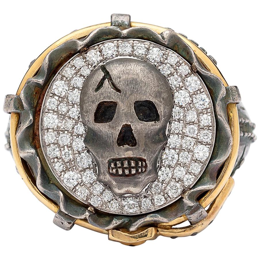 18 Karat and Silver Skull and Diamond "Jeans" Ring