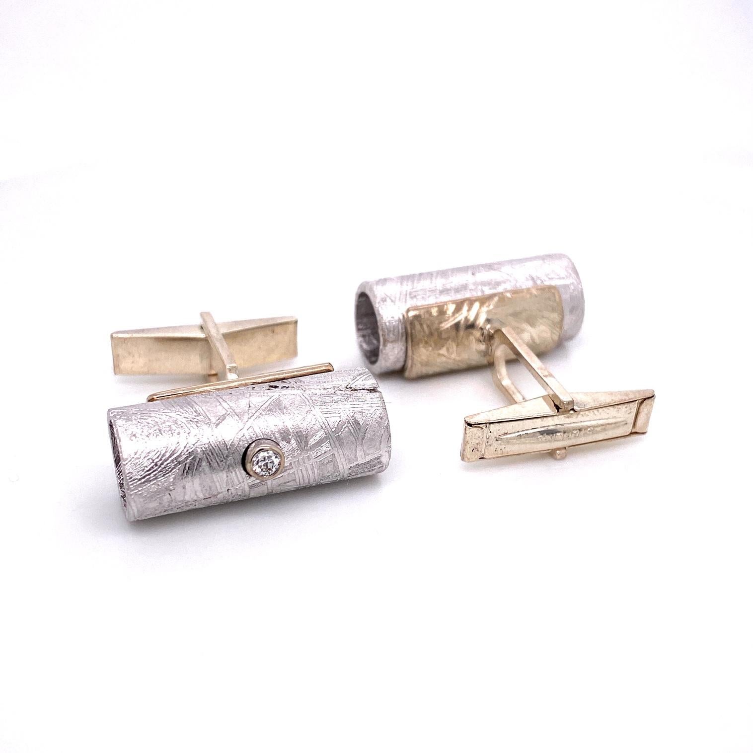 Contemporary 18 Karat and Sterling Silver Tube Shaped Meteorite Cufflinks with White Diamonds For Sale
