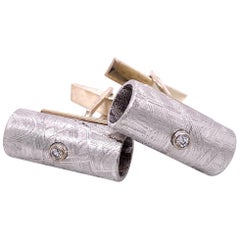 18 Karat and Sterling Silver Tube Shaped Meteorite Cufflinks with White Diamonds
