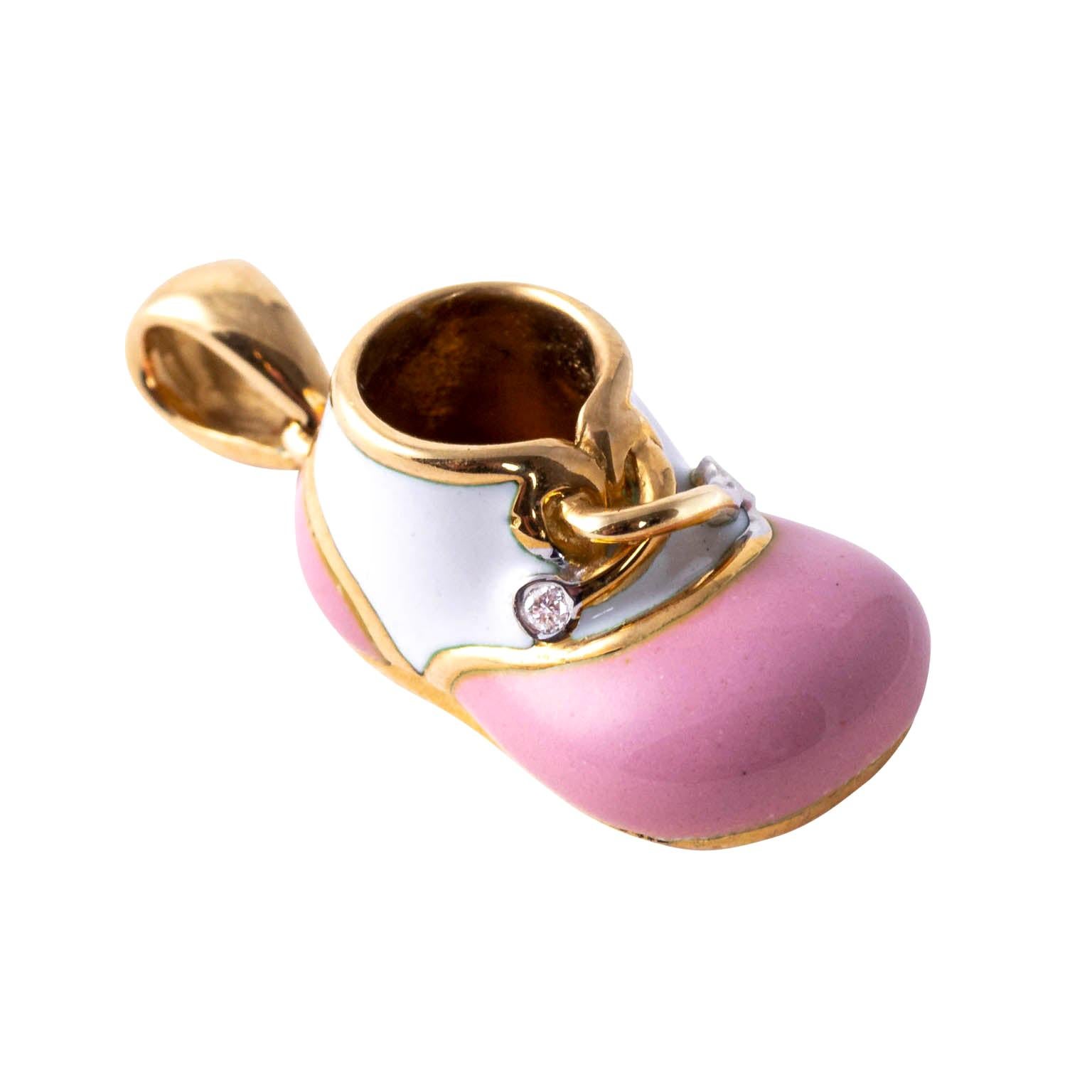 18 Karat and White Enamel Yellow Gold Baby Shoe For Sale