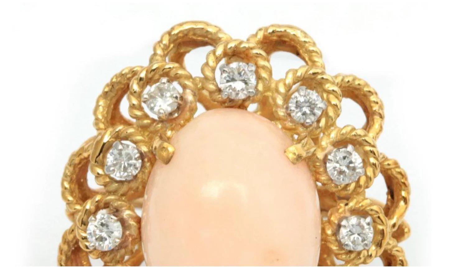 Women's 18 Karat Angel Skin Pink Coral Diamond Cocktail Ring For Sale