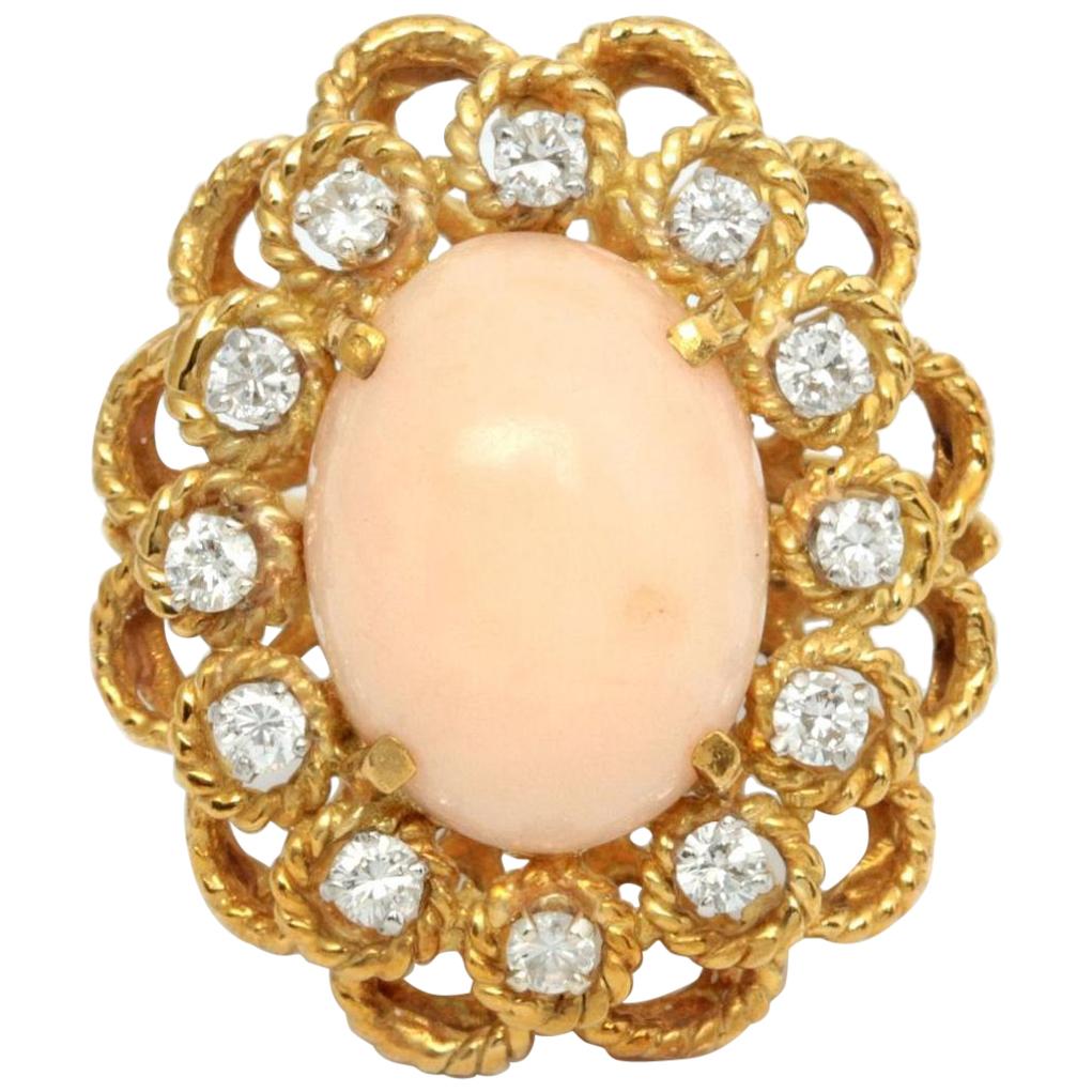 18 Karat Angel Skin Pink Coral Diamond Cocktail Ring For Sale