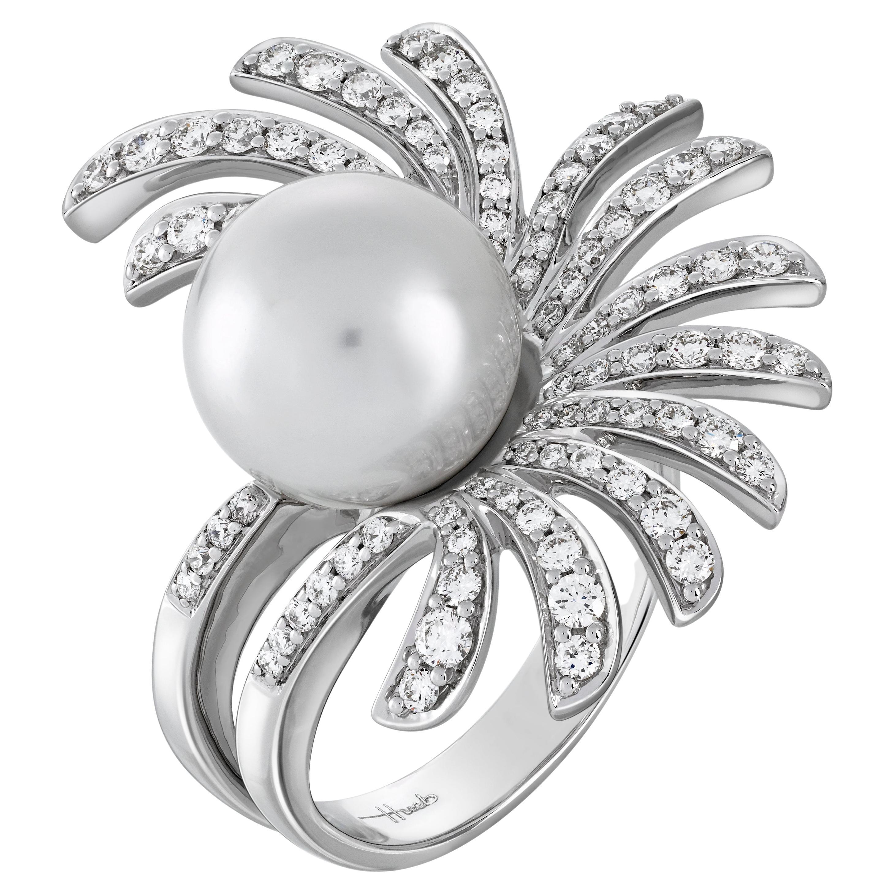 For Sale:  18 Karat Apus White Gold Ring With Vs-Gh Diamonds And White Pearl