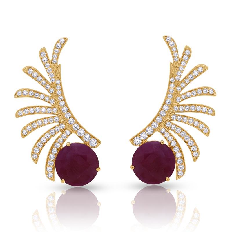 Contemporary 18 Karat Apus Yellow Gold Earring With Vs-Gh Diamonds And Red Ruby For Sale