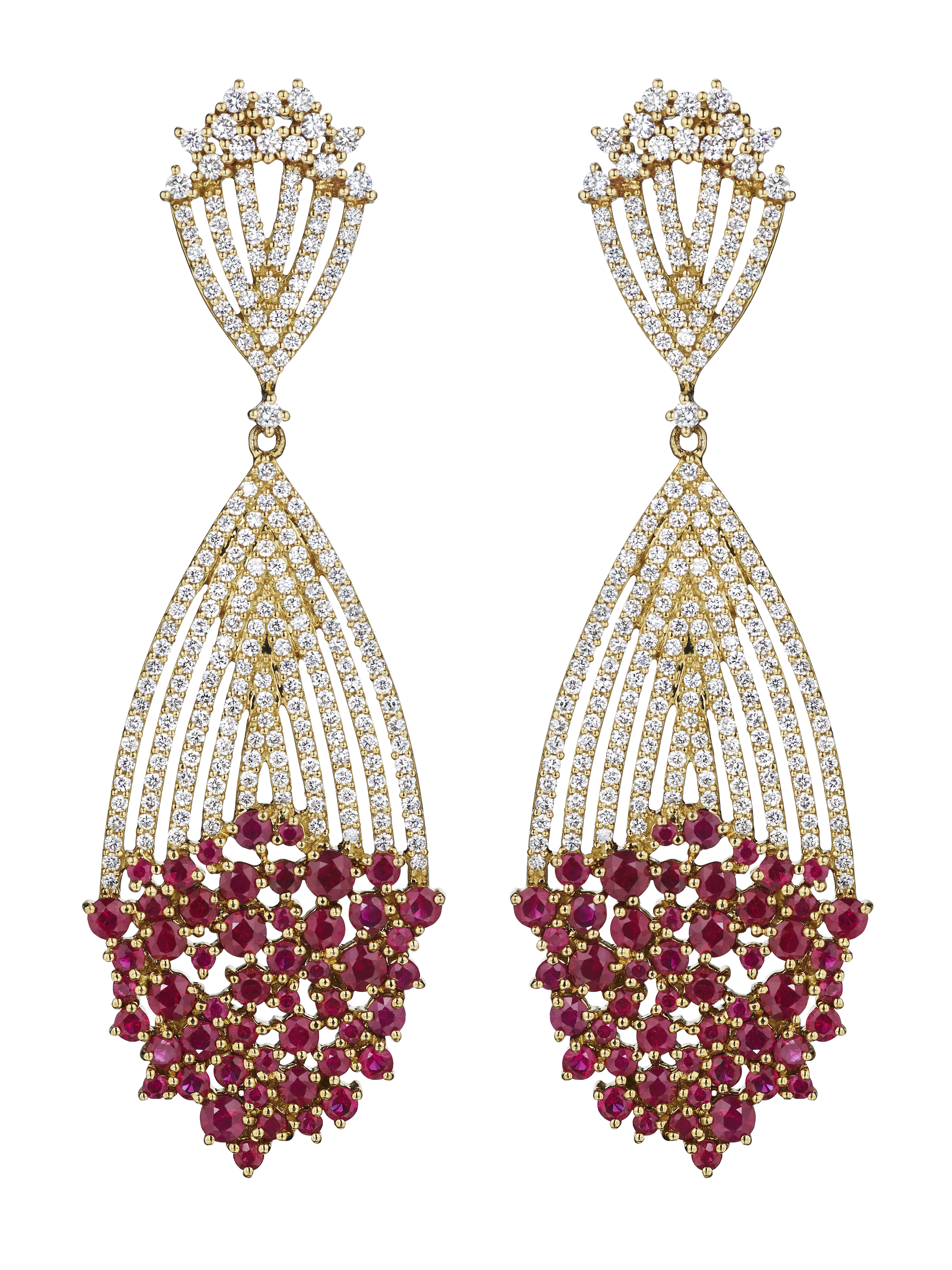 18 Karat Apus Yellow Gold Earring With Vs-Gh Diamonds And Red Ruby