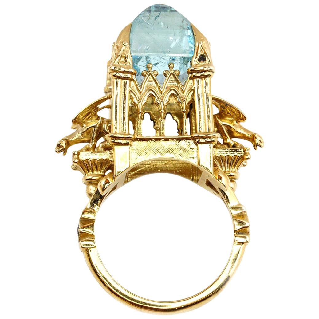 18 Karat Aquamarine and Black Diamond Almighty Empress Cathedral Ring