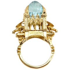 18 Karat Aquamarine and Black Diamond Almighty Empress Cathedral Ring