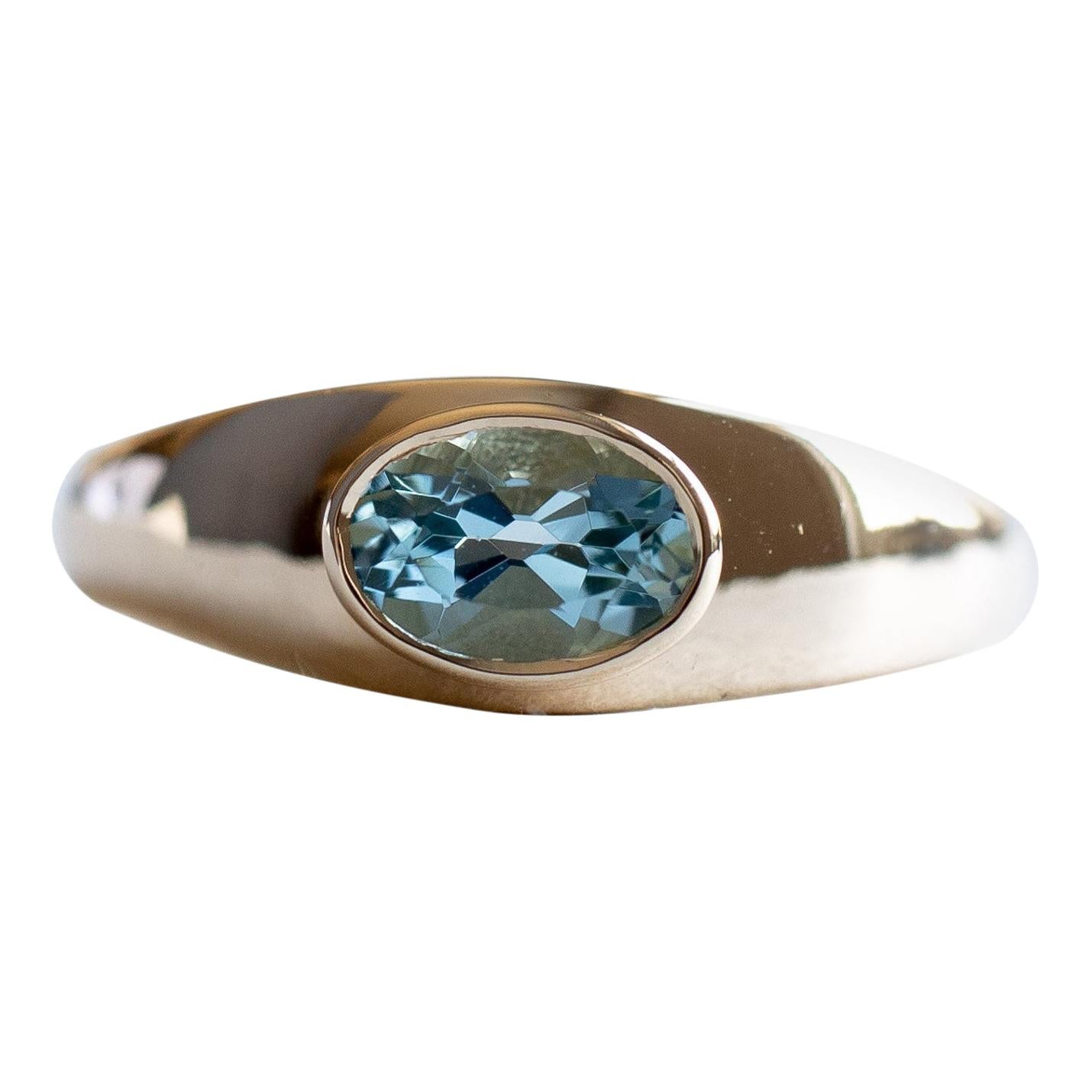 For Sale:  18 Karat Aquamarine Bezel Ring, Signet Ring