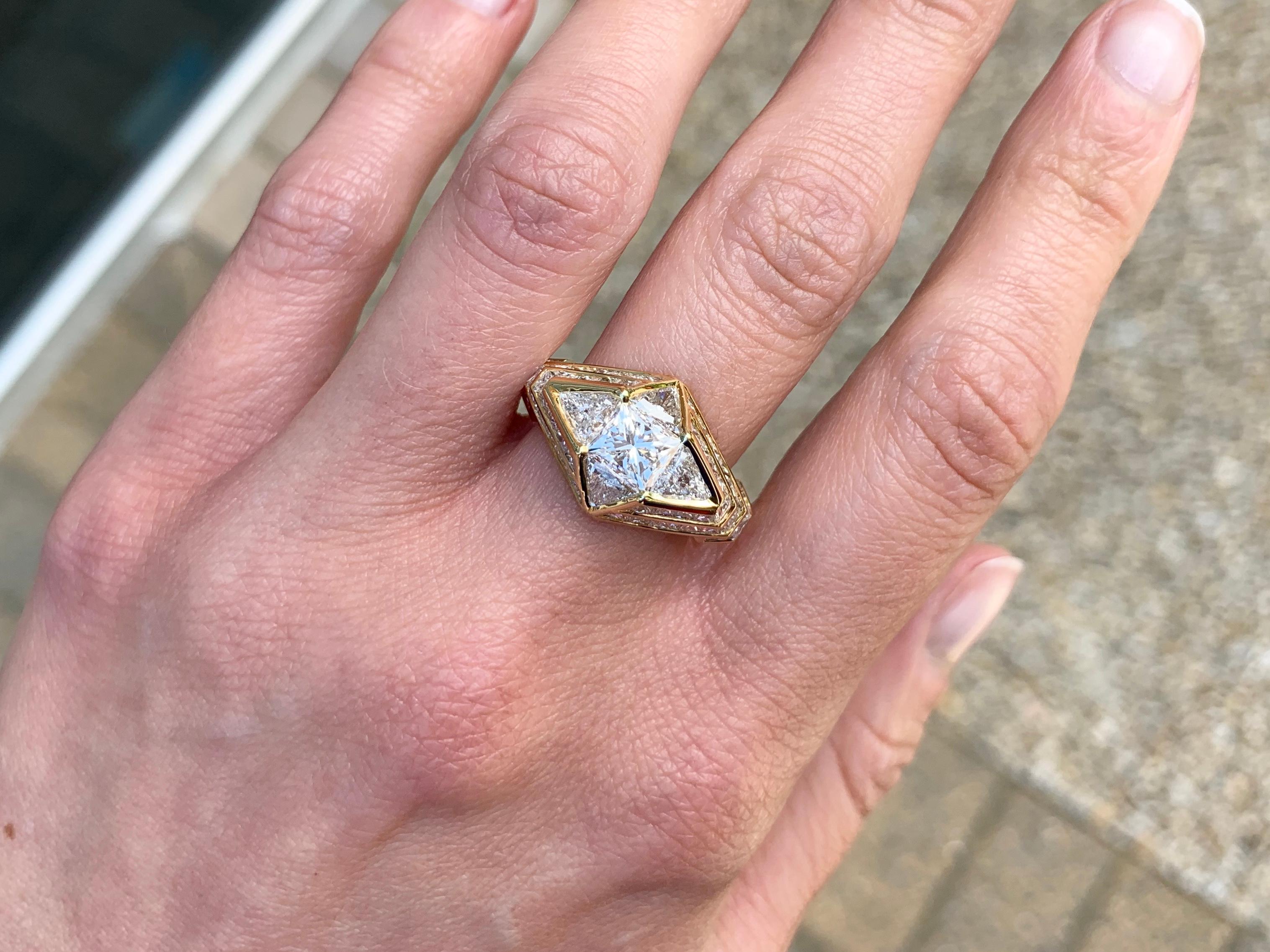 18 Karat Art Deco Inspired Diamond Ring 5.47 Carat Total Weight For Sale 4