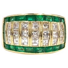 18 Karat Asscher Cut Diamond and Emerald Wide Ring