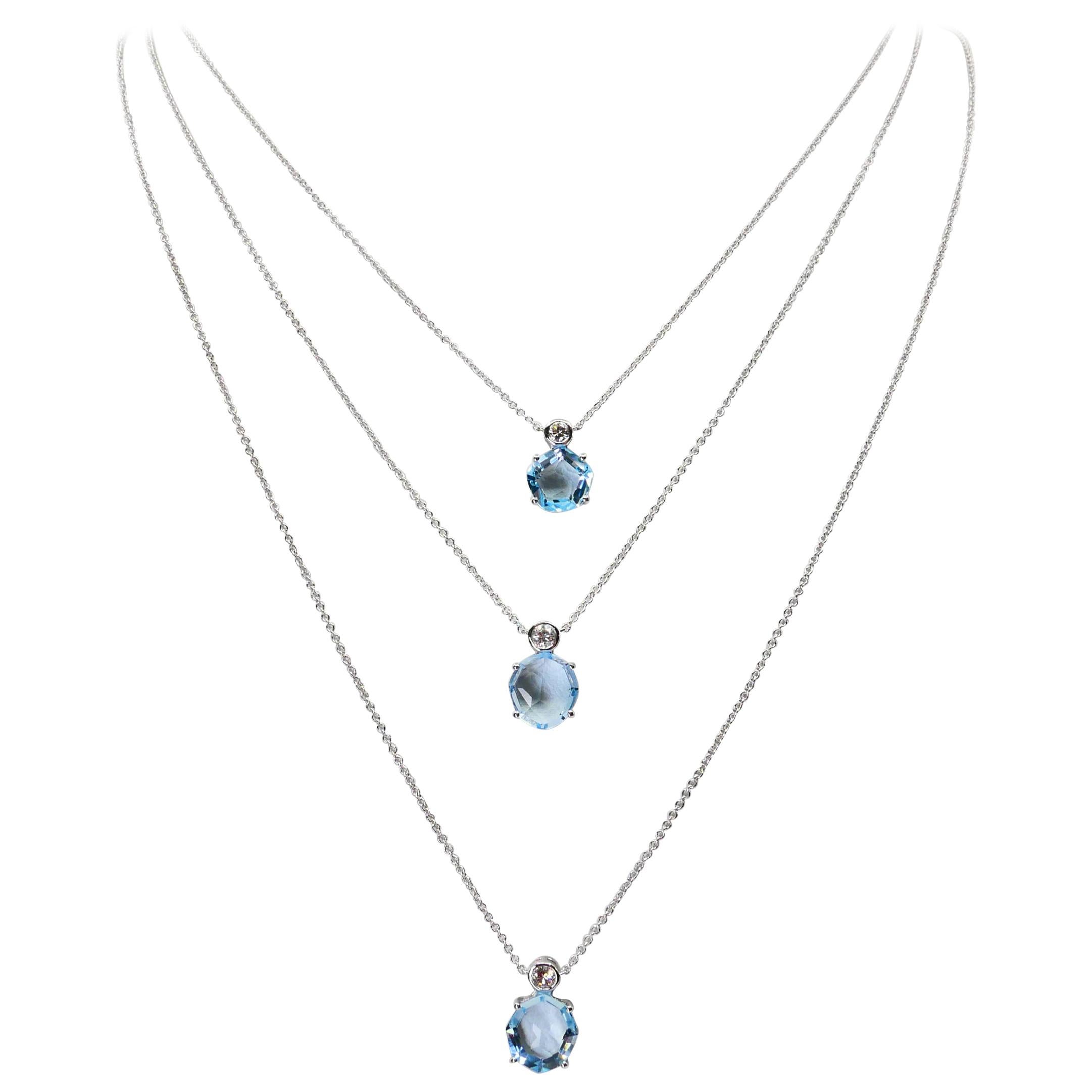 18 Karat Baby Blue Topaz and Diamond Layered Drop Necklace, Powder Blue For Sale