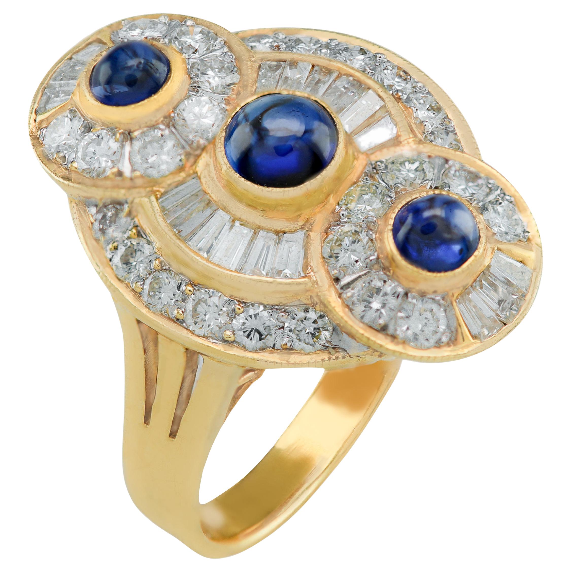 18 Karat Baguette and Round Diamond Cabochon Sapphire Ring