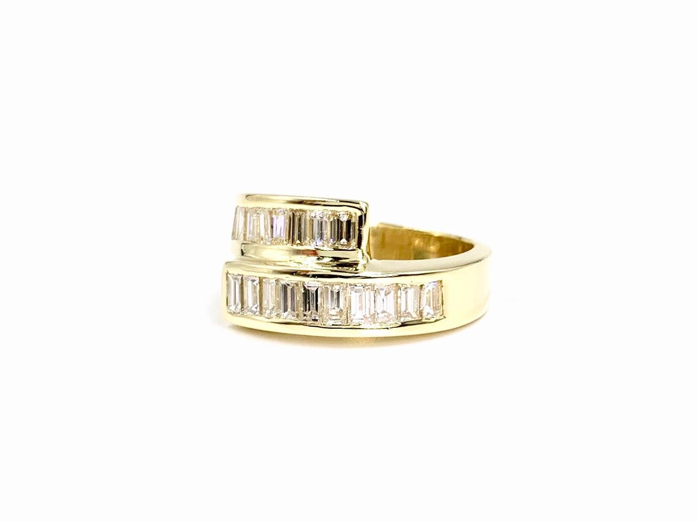 Women's 18 Karat Baguette Diamond Bypass Modern Ring For Sale