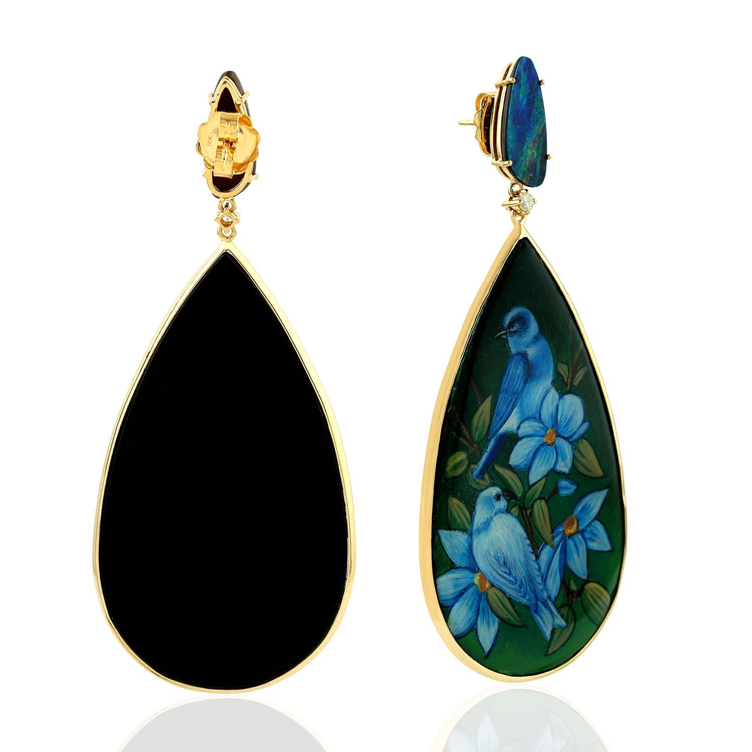 Artisan 18 Karat Bakelite Bird Opal Diamond Earrings For Sale
