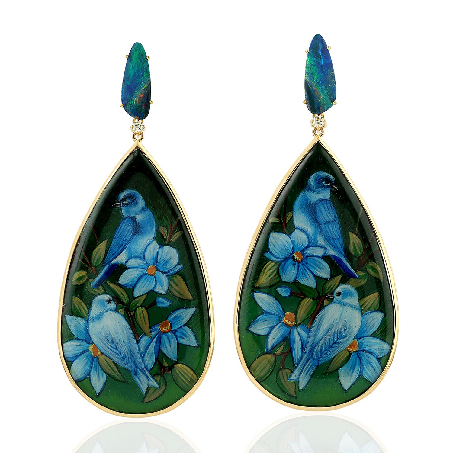 Cabochon 18 Karat Bakelite Bird Opal Diamond Earrings For Sale