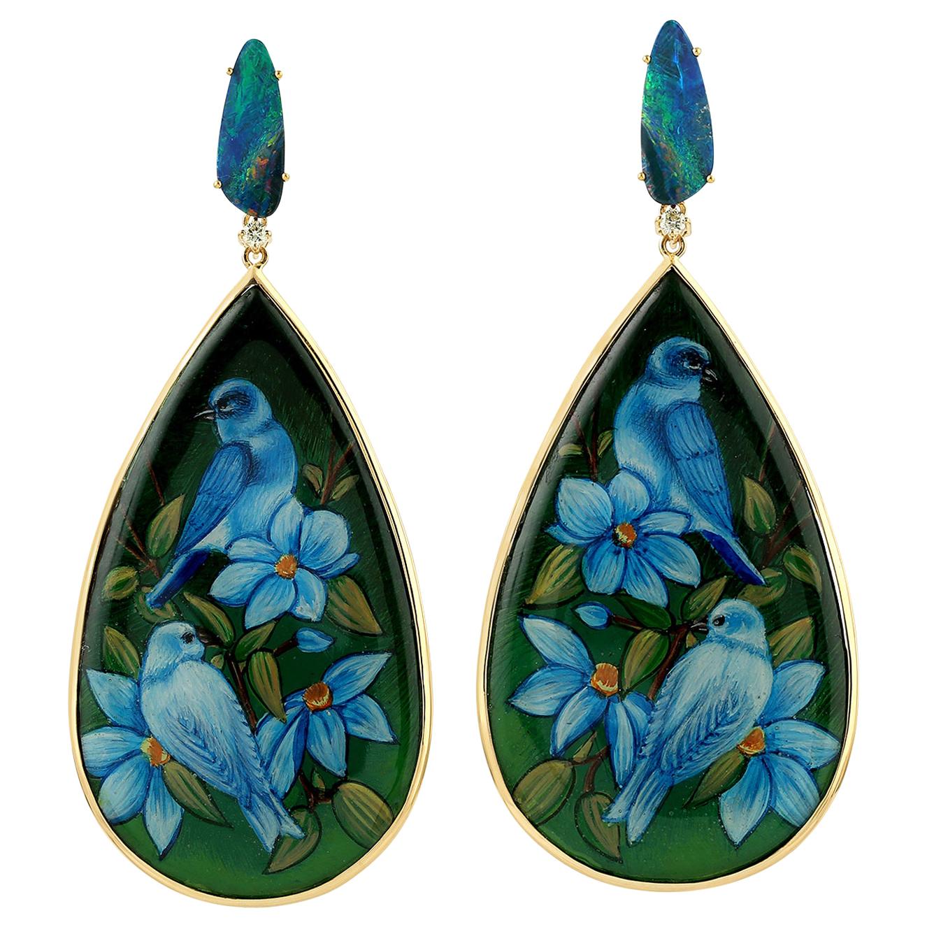 18 Karat Bakelite Bird Opal Diamond Earrings