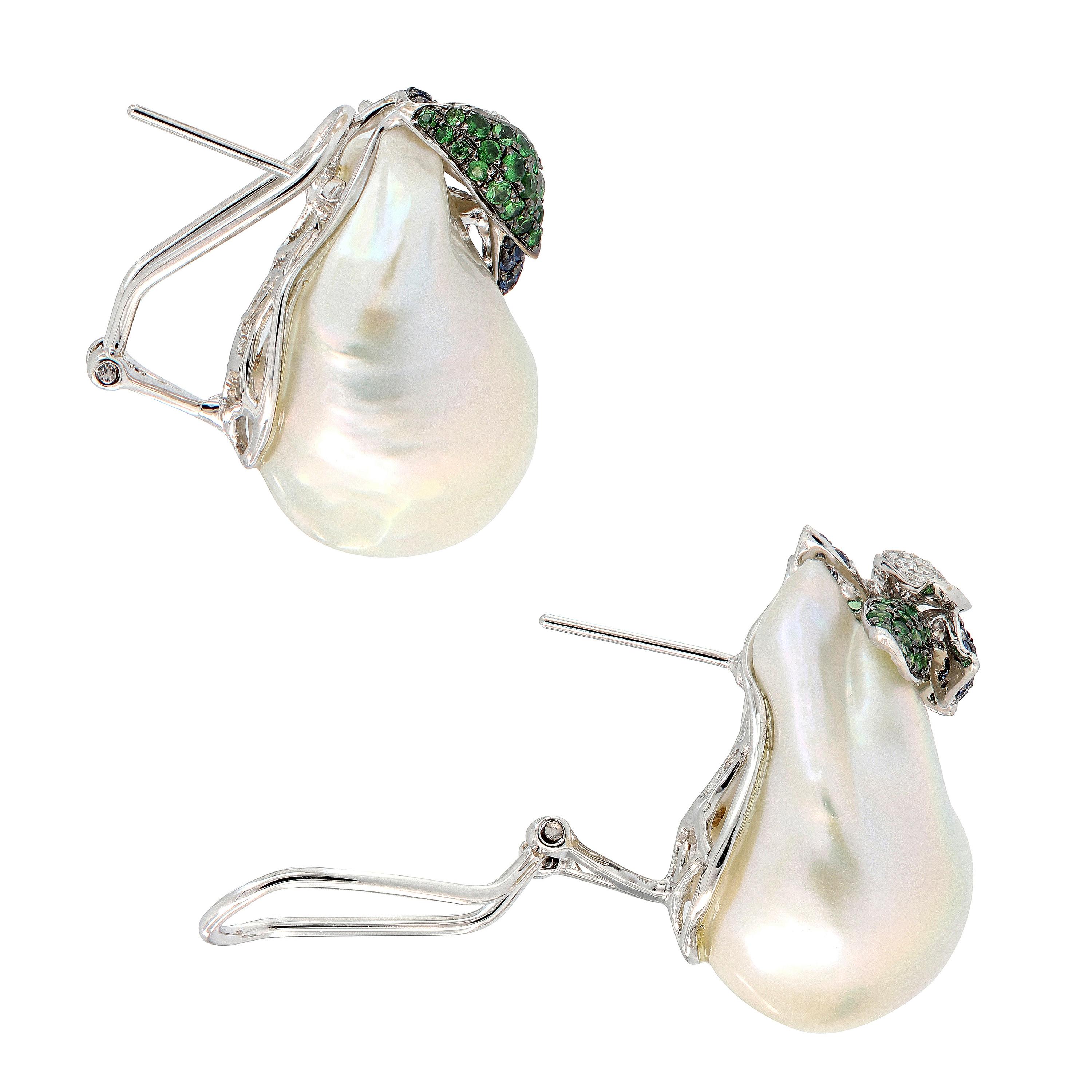 Women's 18 Karat Baroque Pearl Sapphire Tsavorite Diamond Earrings