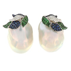 18 Karat Baroque Pearl Sapphire Tsavorite Diamond Earrings