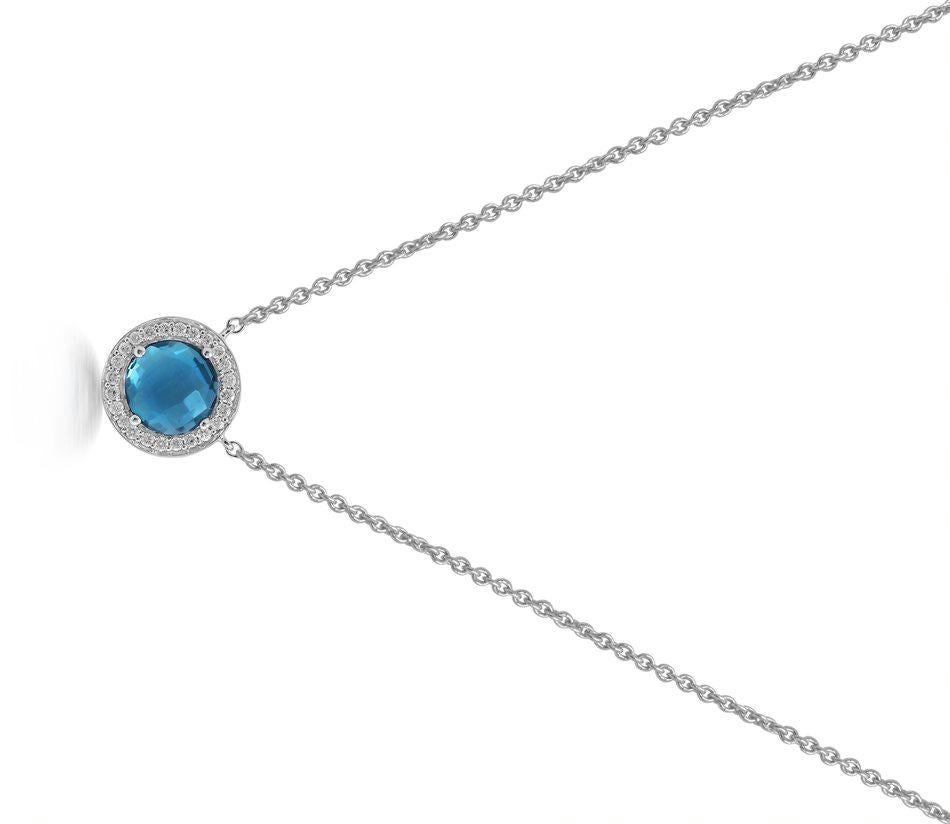 Round Cut 18 Karat Bestow White Gold Necklace with Vs Gh Diamonds and Blue Topaz For Sale