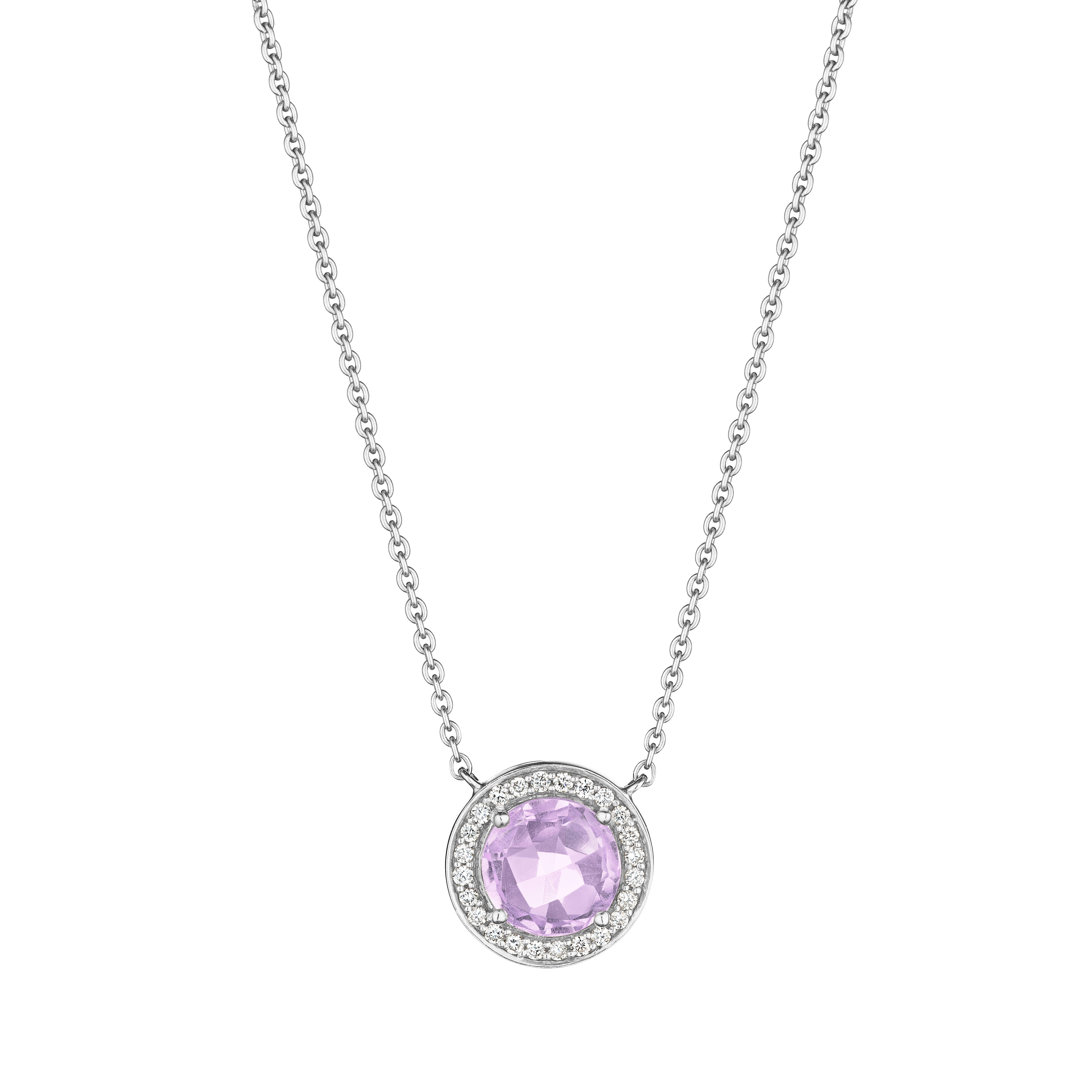 18 Karat Bestow Weißgold Halskette mit Vs Gh Diamanten und violettem Amethyst (Rundschliff)