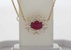 18 Karat Bestow Yellow Gold Necklace with Vs Gh Diamonds and Red Ruby