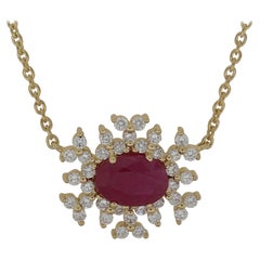 18 Karat Bestow Yellow Gold Necklace with Vs Gh Diamonds and Red Ruby