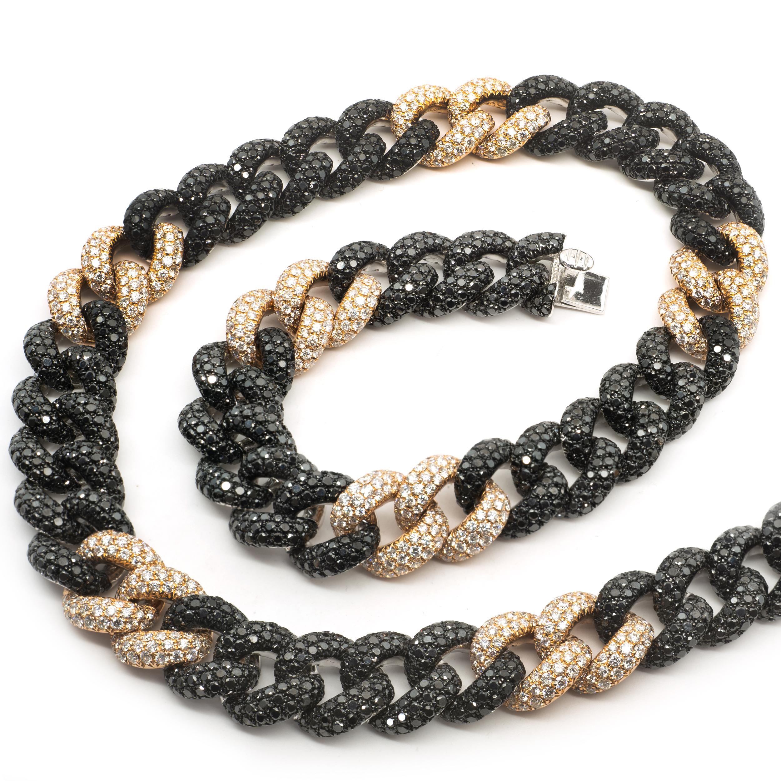Round Cut 18 Karat Black and Rose Gold Black and White Pave Diamond Cuban Link Necklace