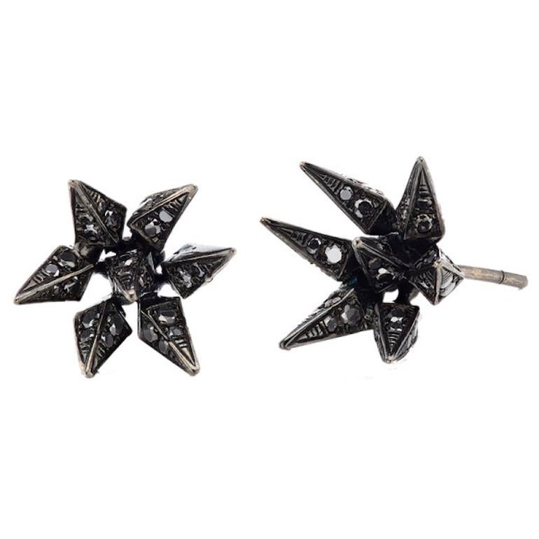 18 Karat Black Diamond Geometric Hedgehog Studs