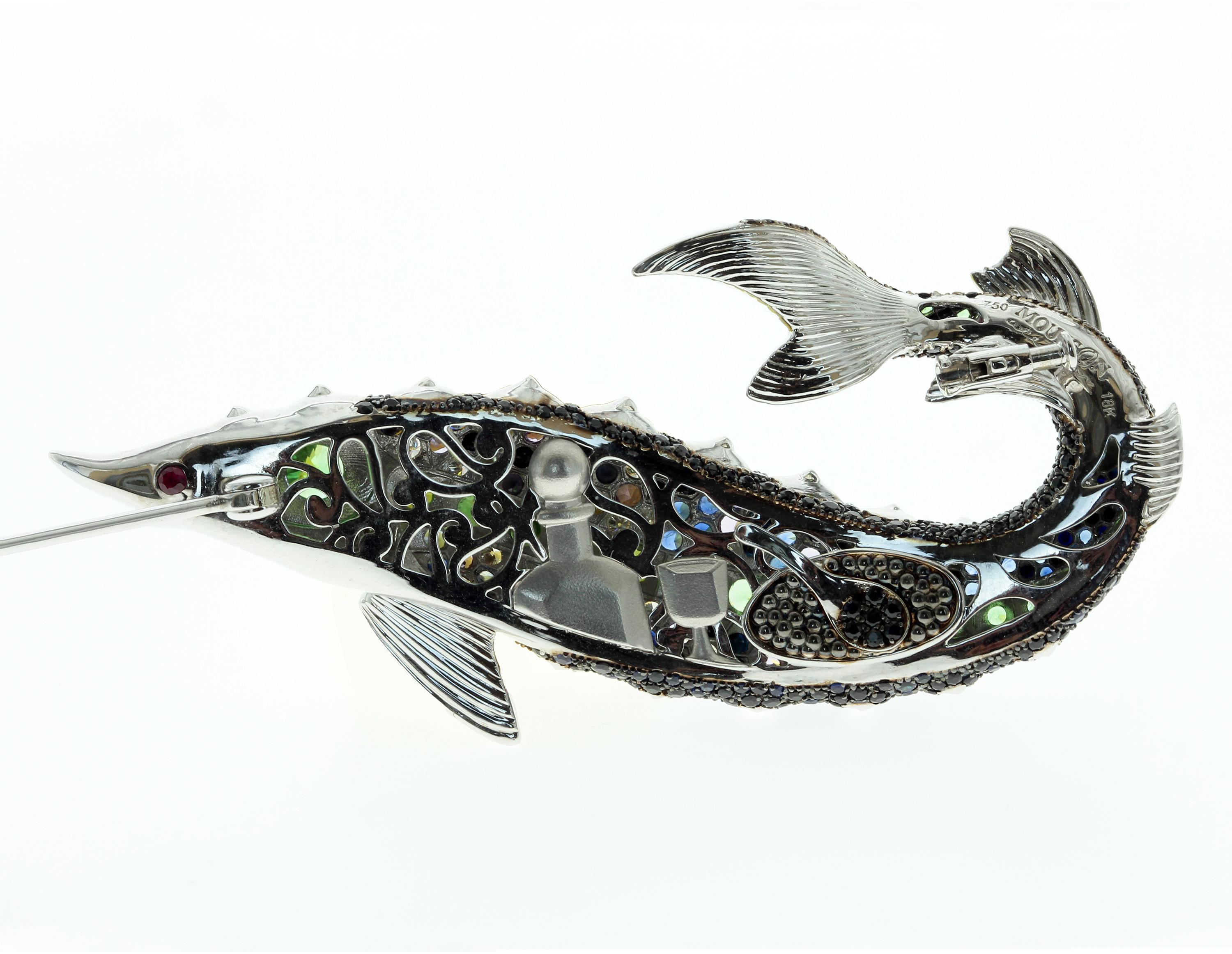 Diamond Sapphire Tsavorite 18 Karat Black Gold Sturgeon Brooch
The Body consists of Tsavorites, Sapphires and Diamonds. High Detailing. On the back side some reference to the Russian culture, Black Caviar and off-course cold Vodka.

72mm x 35mm x