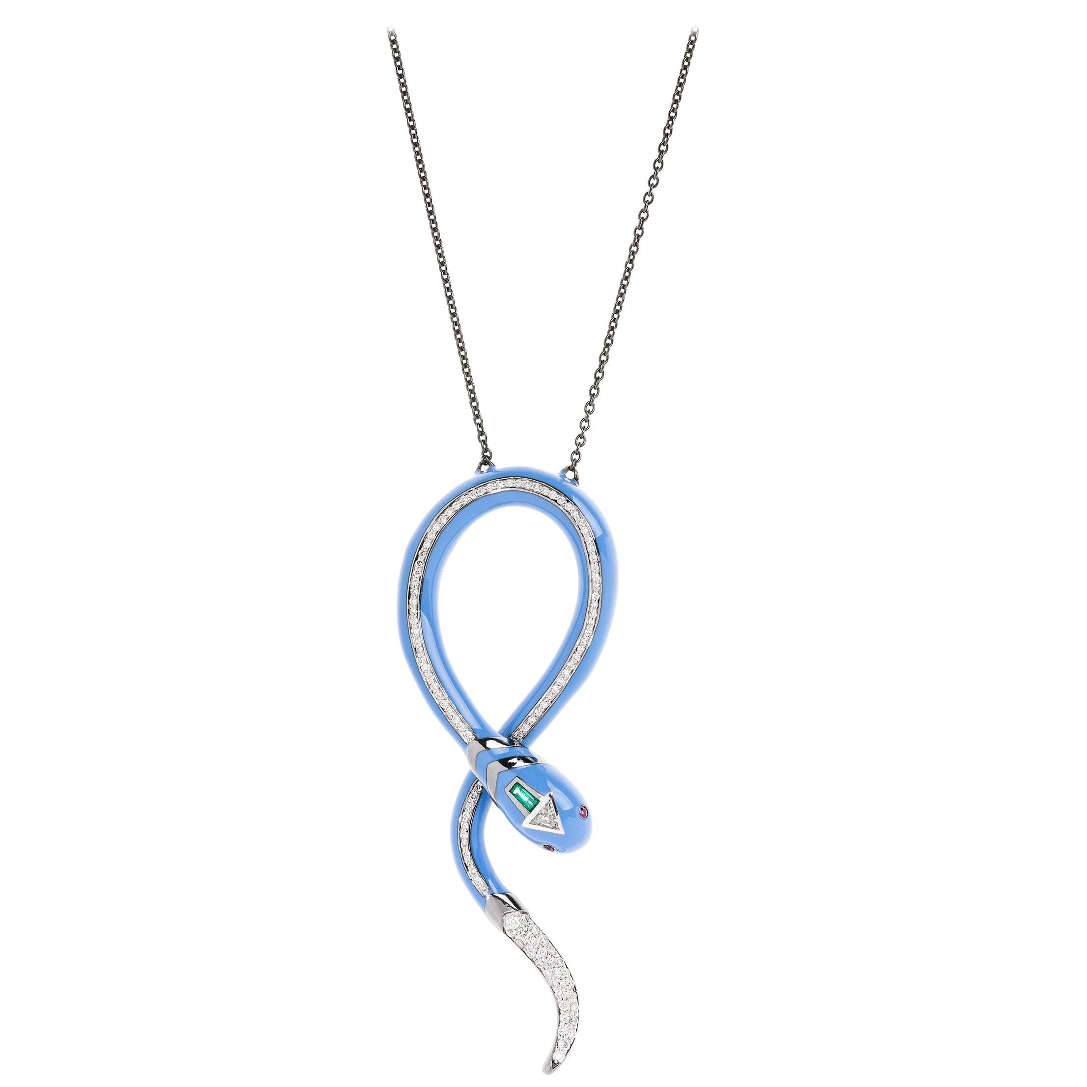 18 Karat Black Gold Pendant with White Diamonds and Sky Blue Enamel For Sale