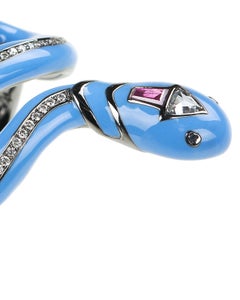 18 Karat Black Gold Ring with Black Diamonds in Sky Blue Enamel