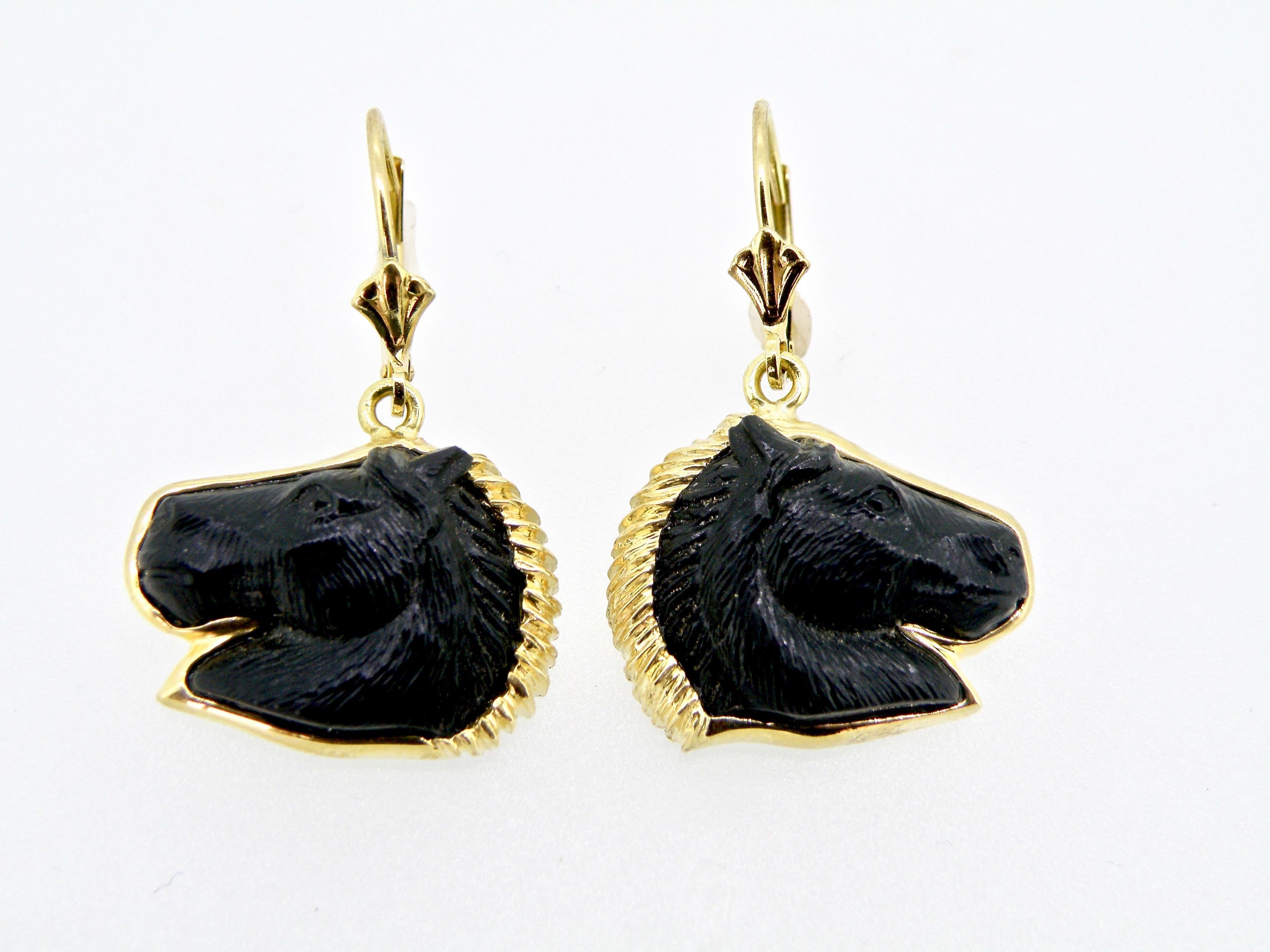 Cabochon 18 Karat Black Onyx Horsehead Earrings