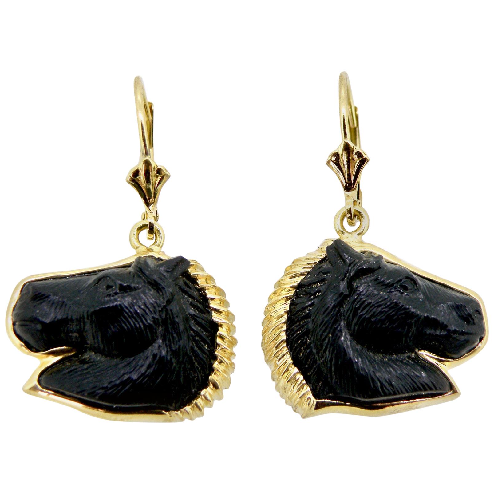 18 Karat Black Onyx Horsehead Earrings