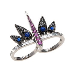 18 Karat Black Rhodium Black Diamond Ruby and Sapphire Double Ring