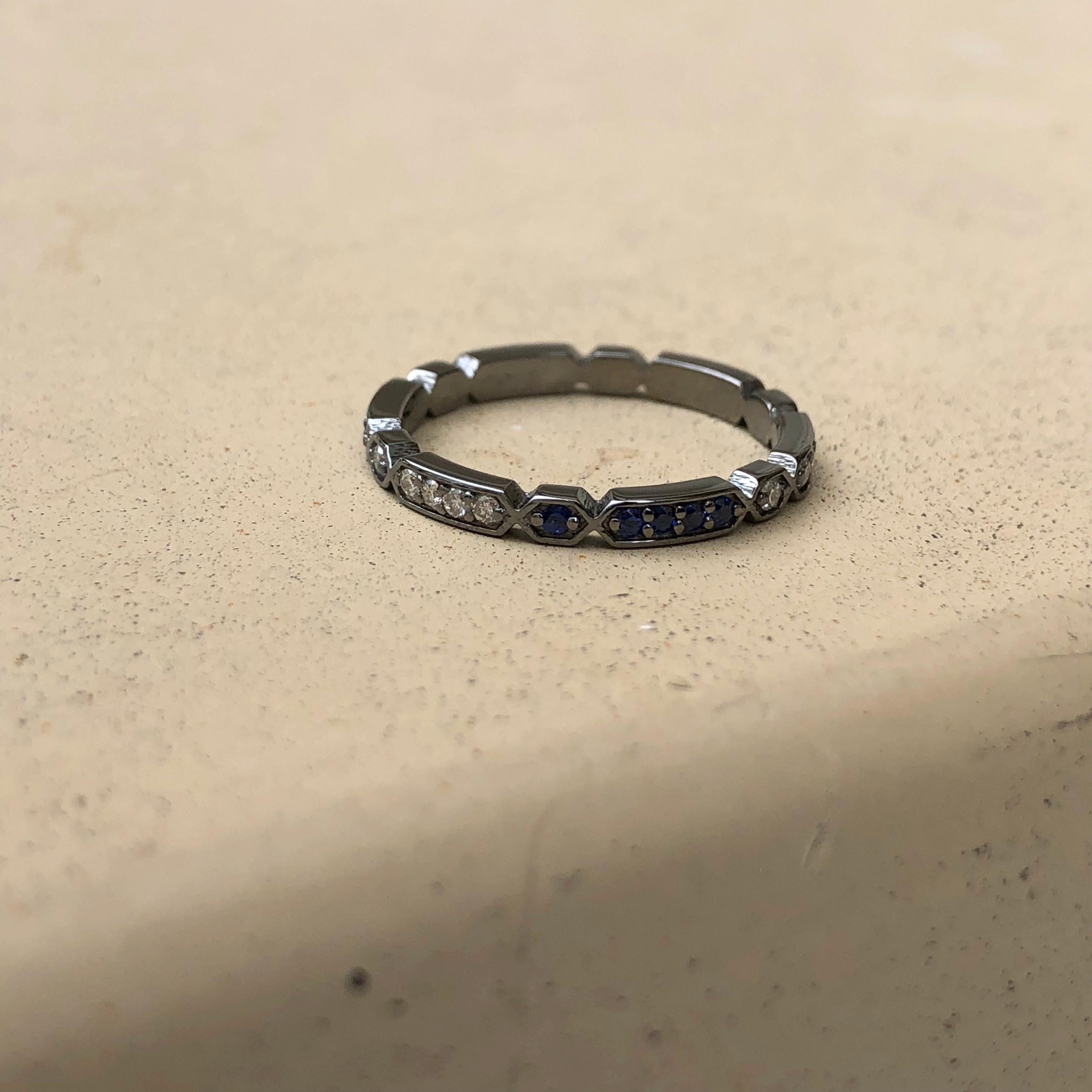 18 Karat Black Rhodium Eternity Band 0.12 Carat of Diamond and Chatham Sapphire In New Condition For Sale In Coral Gables, FL