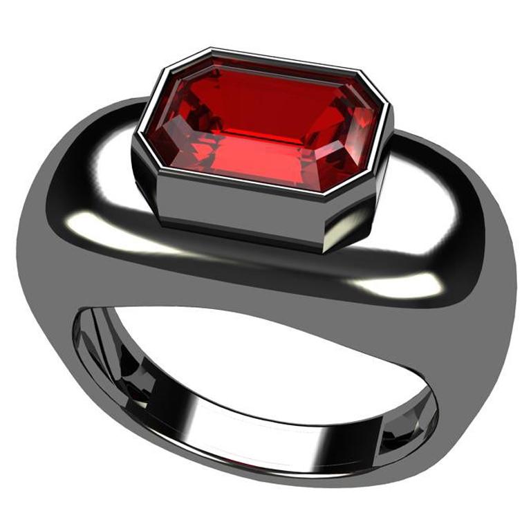 For Sale:  18 Karat Black Rhodium Gold Emerald Cut Ruby Sculpture Ring
