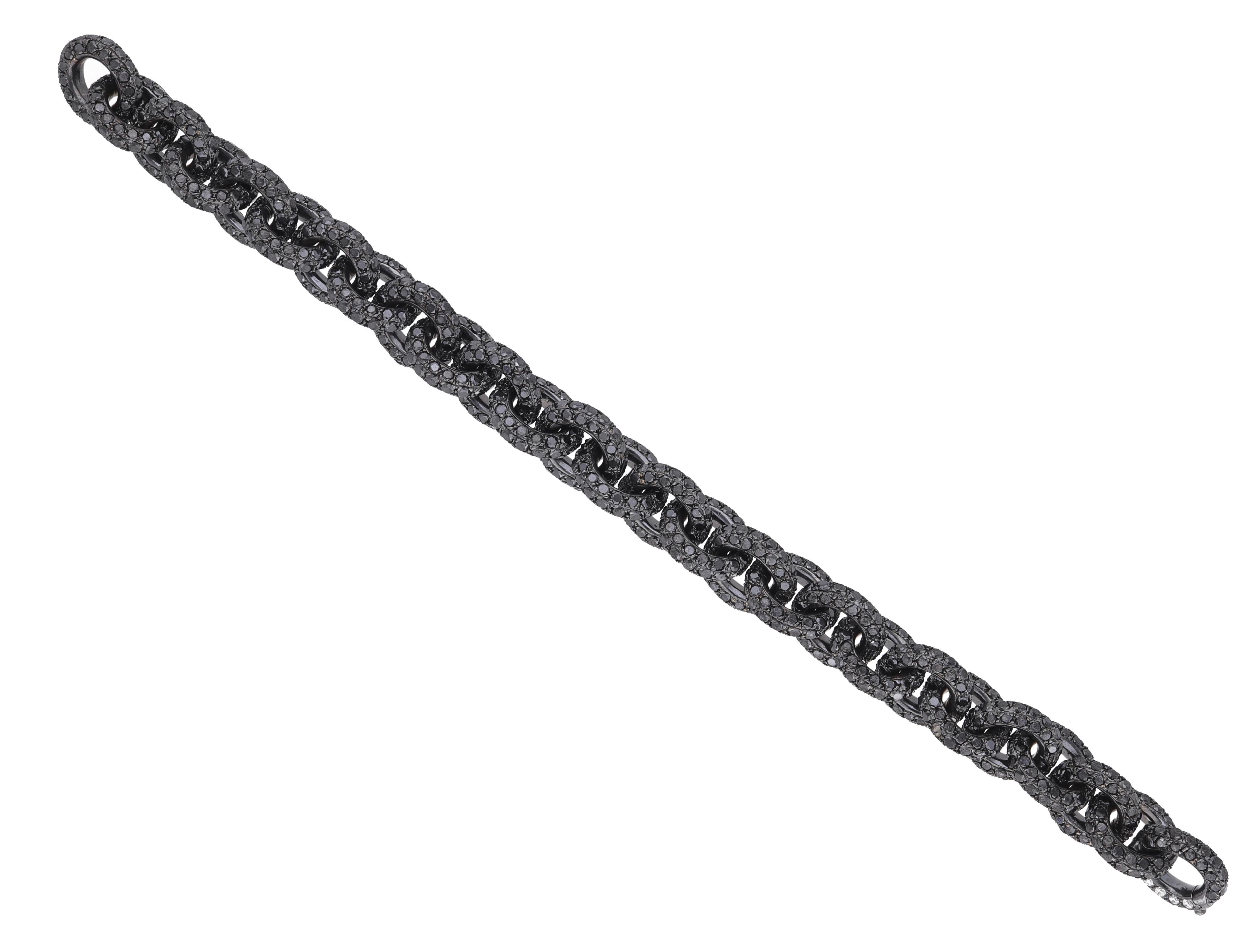 Modern 18 Karat Black Rhodium Gold Full Pave Black Diamonds Chain Bracelet For Sale