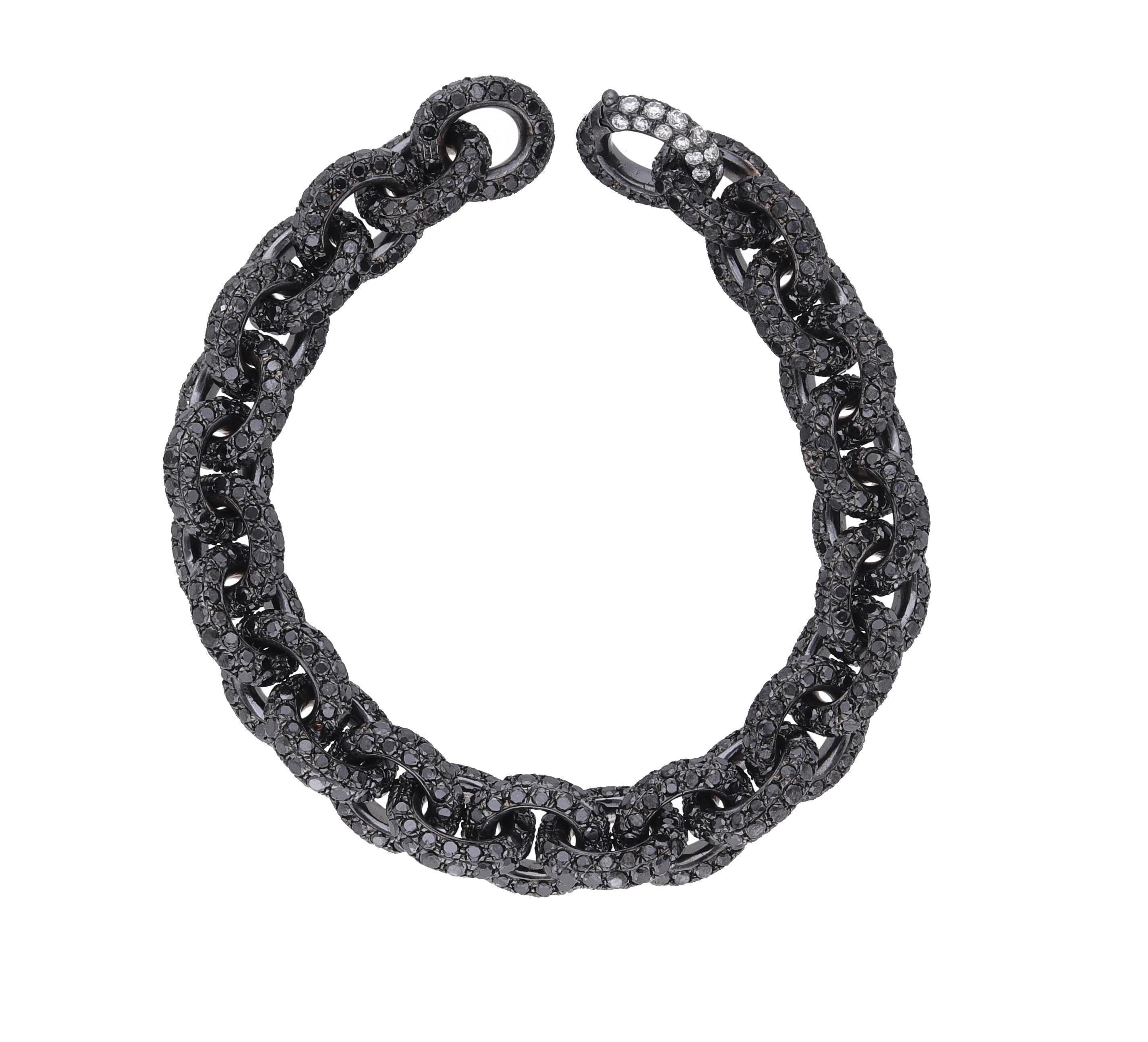 Women's or Men's 18 Karat Black Rhodium Gold Full Pave Black Diamonds Chain Bracelet For Sale