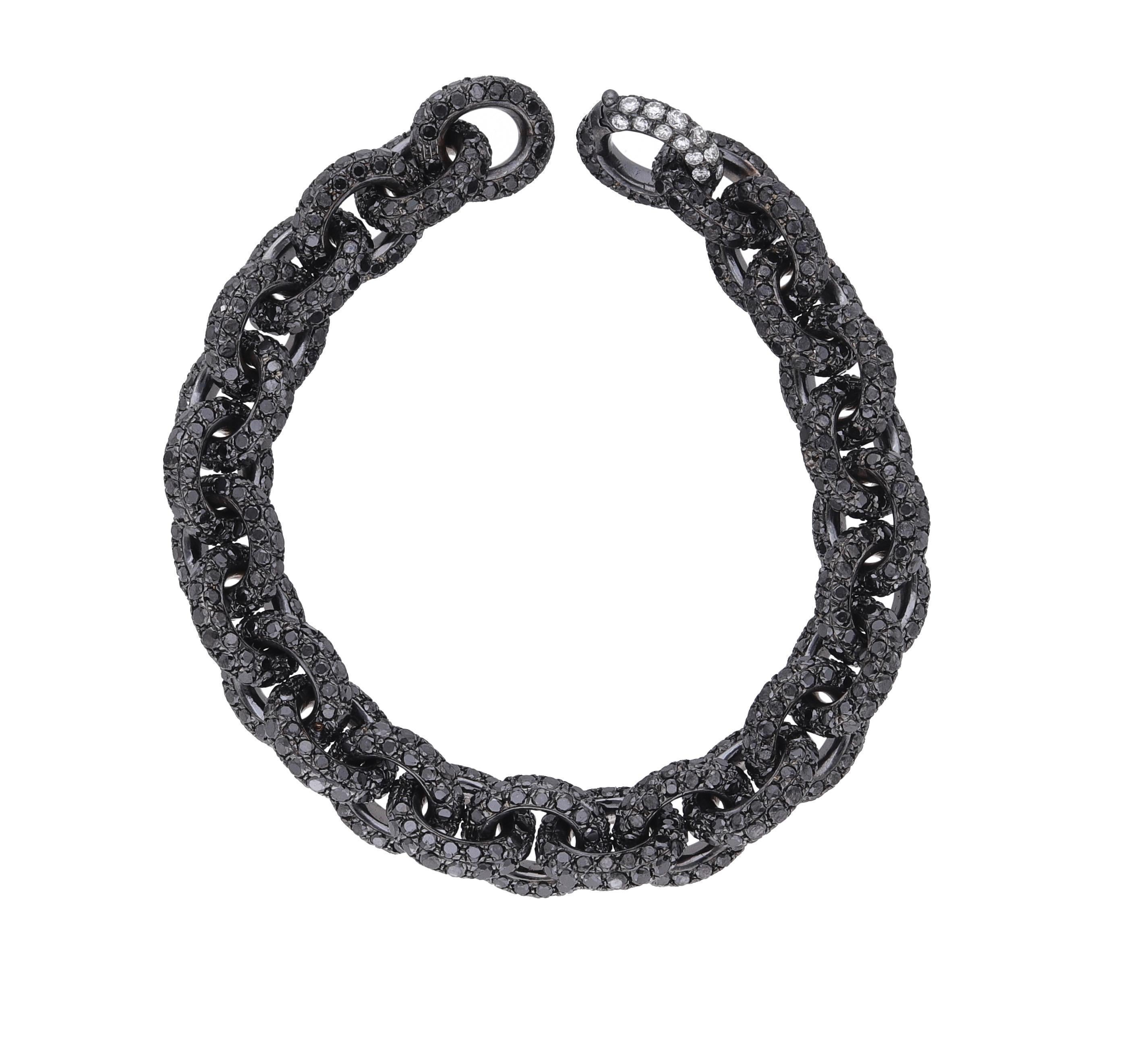 18 Karat Black Rhodium Gold Full Pave Black Diamonds Chain Bracelet In New Condition For Sale In Rome, IT