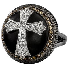 18 Karat Black Rhodium Gold, Pave Diamond Ebony Wood Cross Cocktail Ring