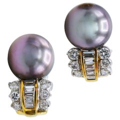 18 Karat Black Tahitian Pearl and 1.00 Carat Diamond Earrings