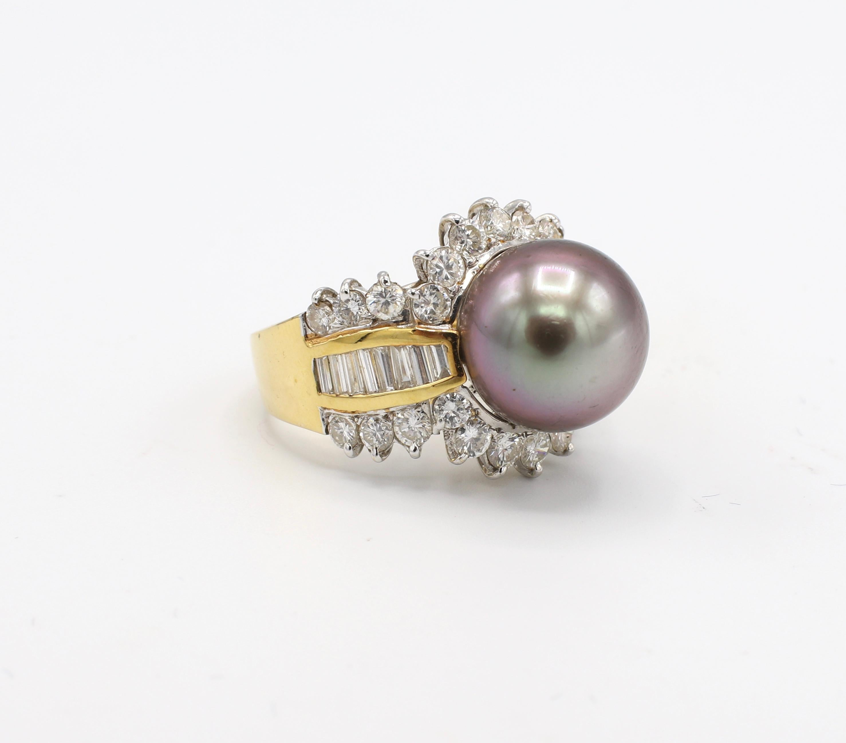 18 Karat Black Tahitian Pearl & Diamond Cocktail Ring Size 6.5 

Metal: 18k gold
Weight: 8.8 grams 
Pearl: Tahitian, black pearl, 11.8mm 
Diamonds: Round and baguette diamonds, 2 CTW G VS 
Size: 6.5 (US)
Top of ring measures approx. 17.5mm  x 19mm