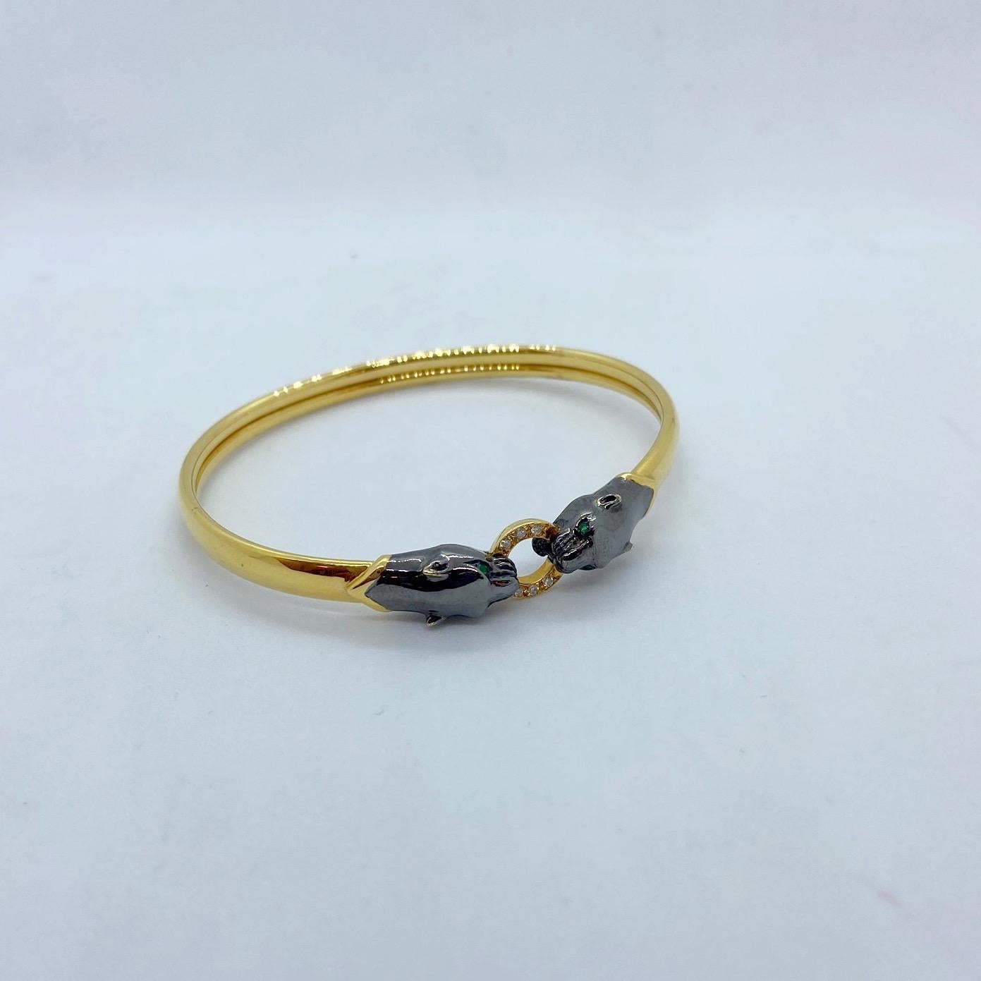 Rétro Bracelet tête de panthère double en or noirci 18 carats avec diamants en vente
