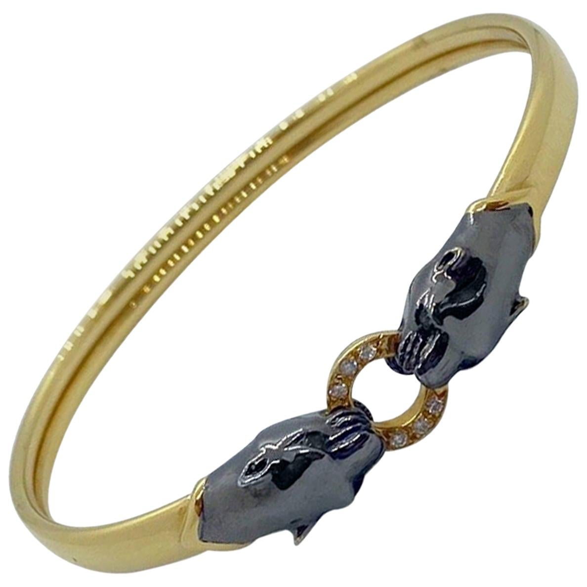 18 Karat Blackened Gold Double Panther Head Bracelet with Diamonds For Sale