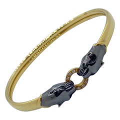 18 Karat Blackened Gold Double Panther Head Bracelet with Diamonds