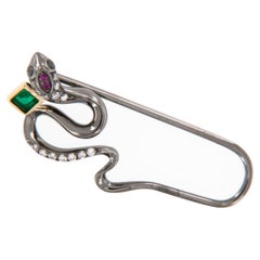 18 Karat Blackened White Gold Serpent Pin Pendant with Emerald, Diamonds & Ruby