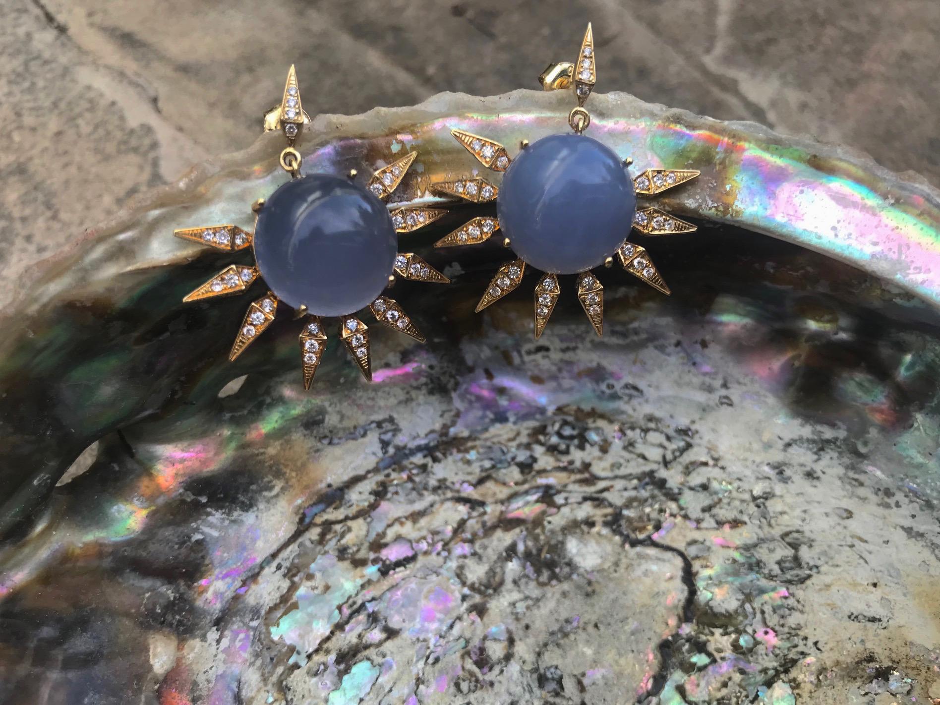 Contemporary 18 Karat Blue Chalcedony Diamond Sunrise Earrings