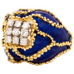 18K Yellow Gold Blue Enamel Ring with Diamonds