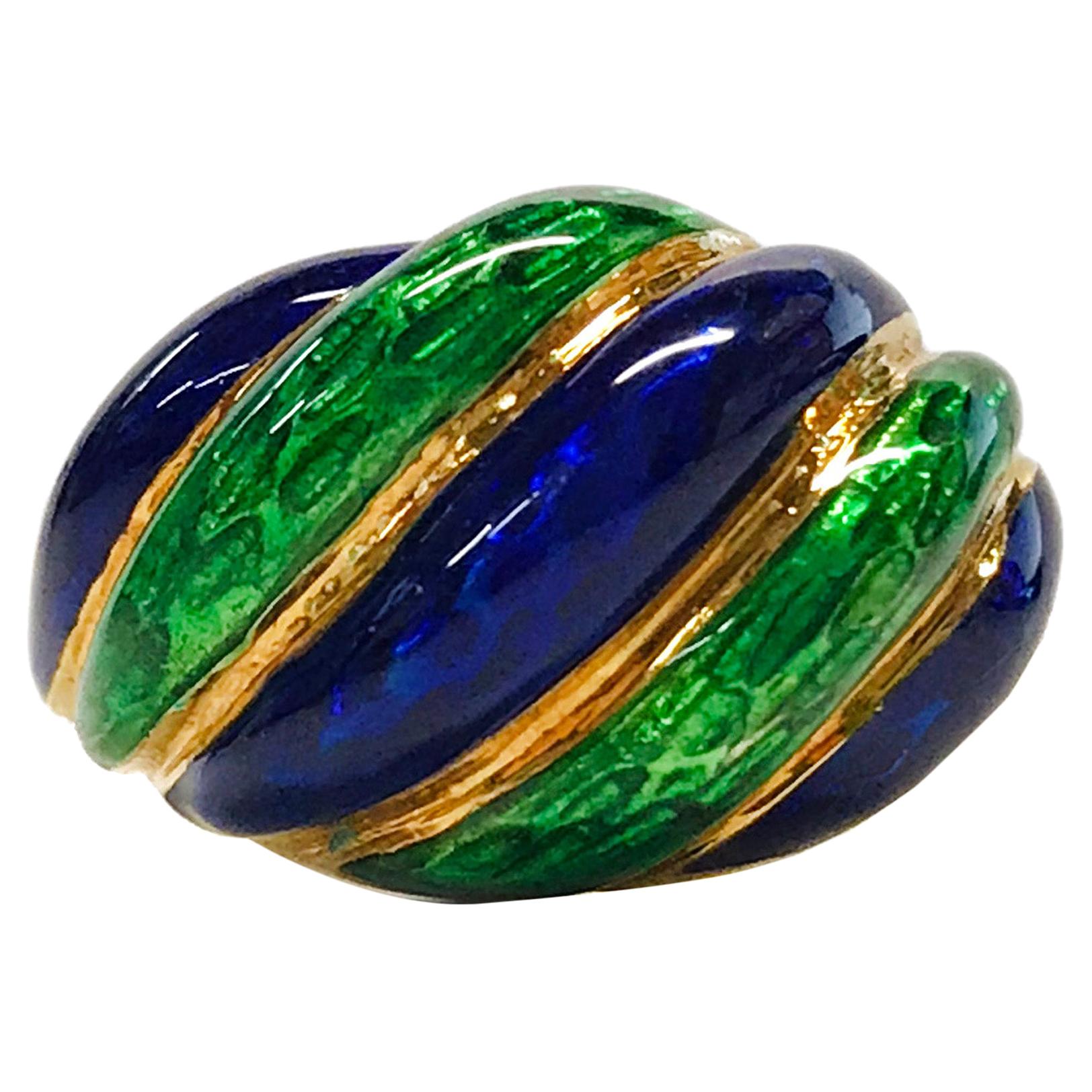 18 Karat Blue Green Enamel Ring